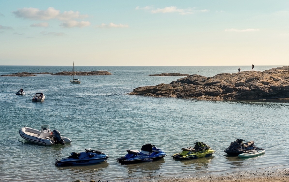 Four personal watercraft on a UK shoreline